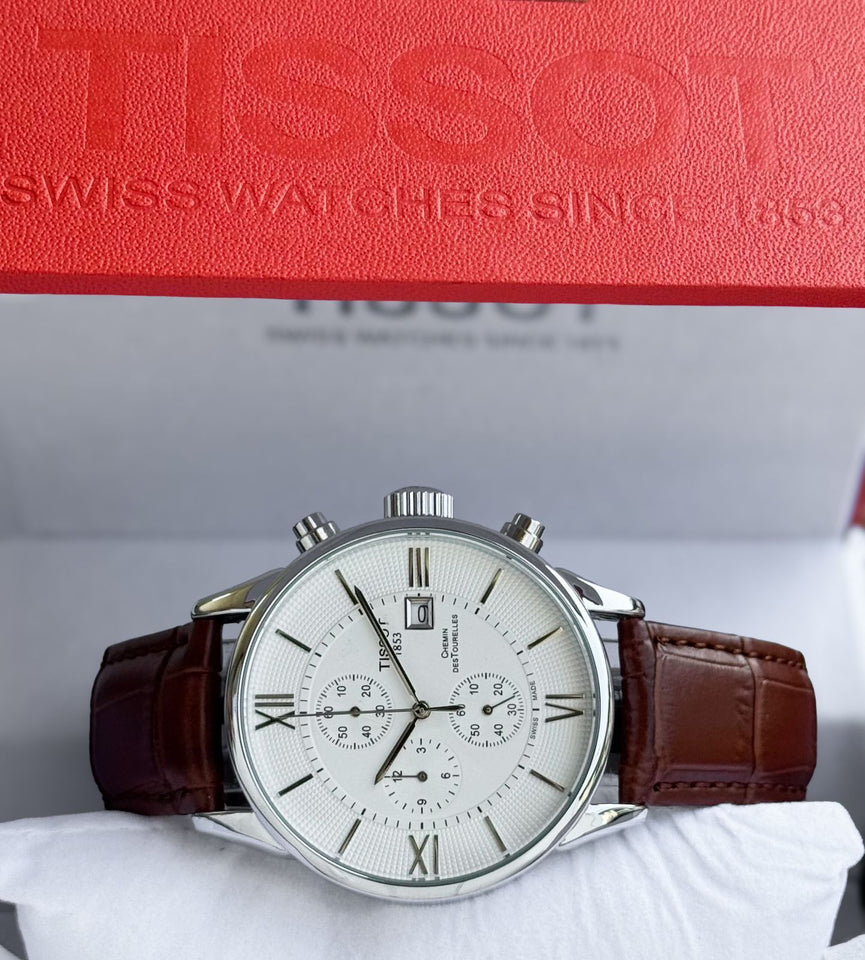 Tissot 1853 Chronograph Watch for Men | White Dial | Brown Leather Strap | 43mm