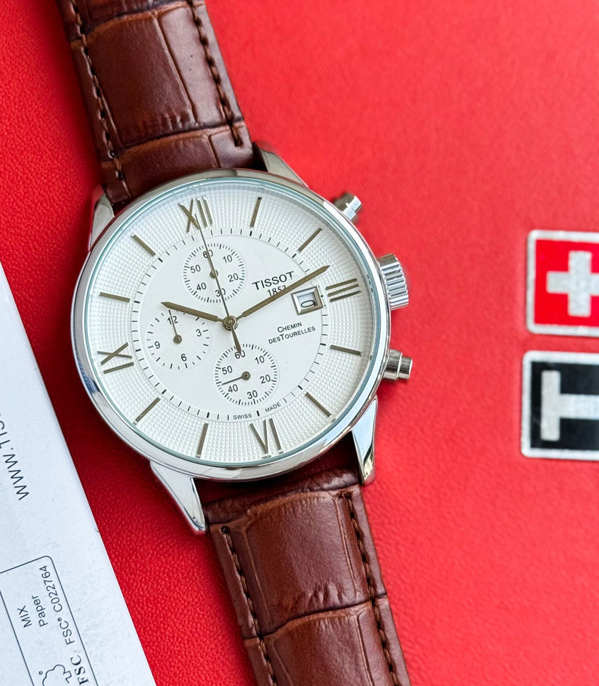 Tissot 1853 Chronograph Watch for Men | White Dial | Brown Leather Strap | 43mm